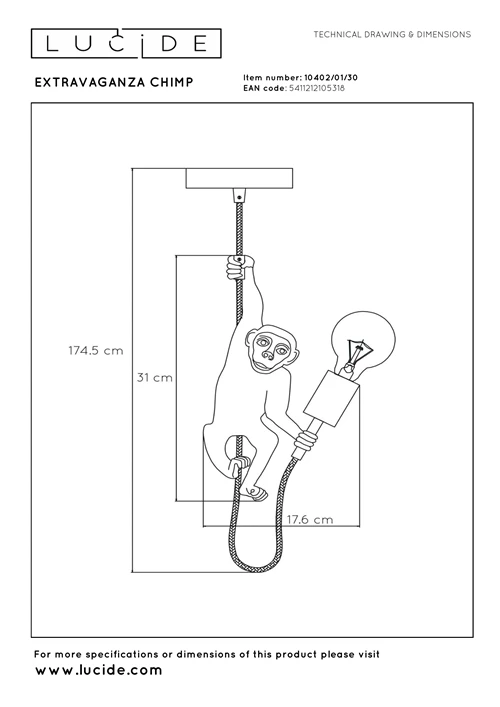 Lucide EXTRAVAGANZA CHIMP - Suspension - Ø 17,6 cm - 1xE27 - Noir - technique